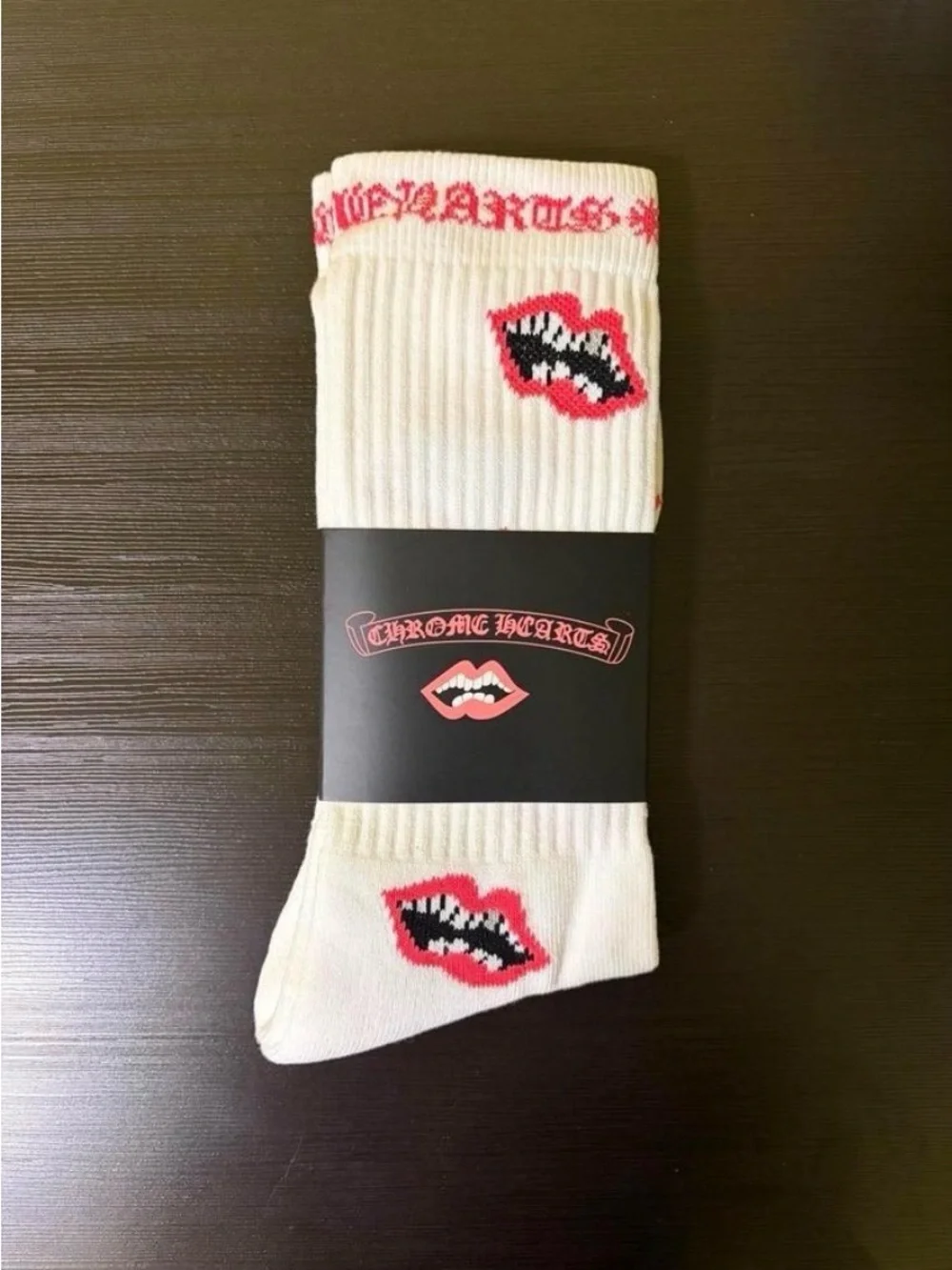 Chrome Hearts White Crew Socks with Pink-Red Lip Motif